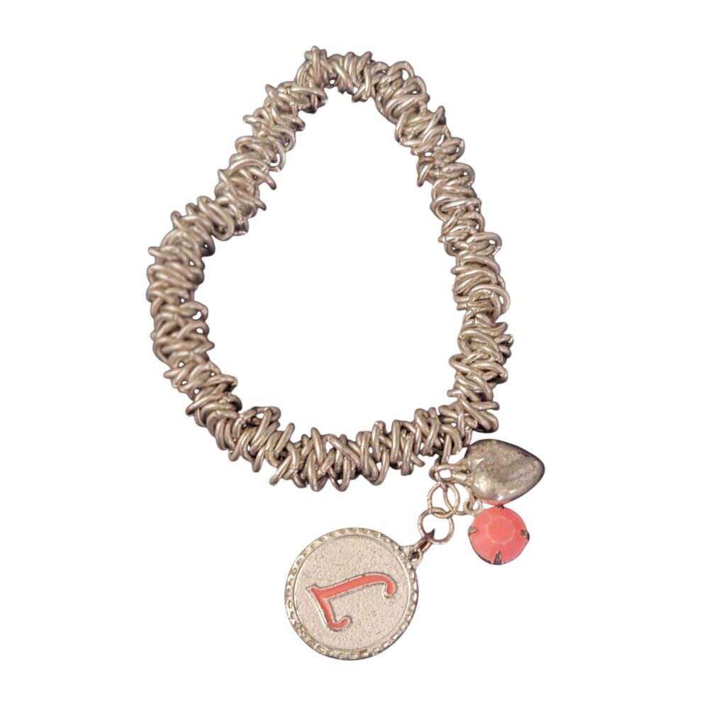 Vintage Silver Tone Coil Stretch Bracelet Initial L‎ Heart Pink Rhinestone Charm
